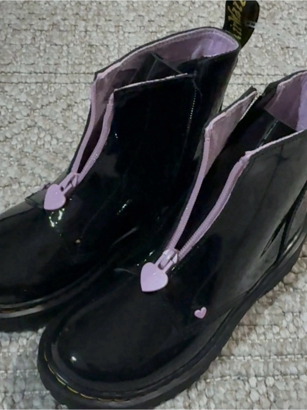 NWT Dr. Martens Black Patent Ankle Boots with Lavender Trim